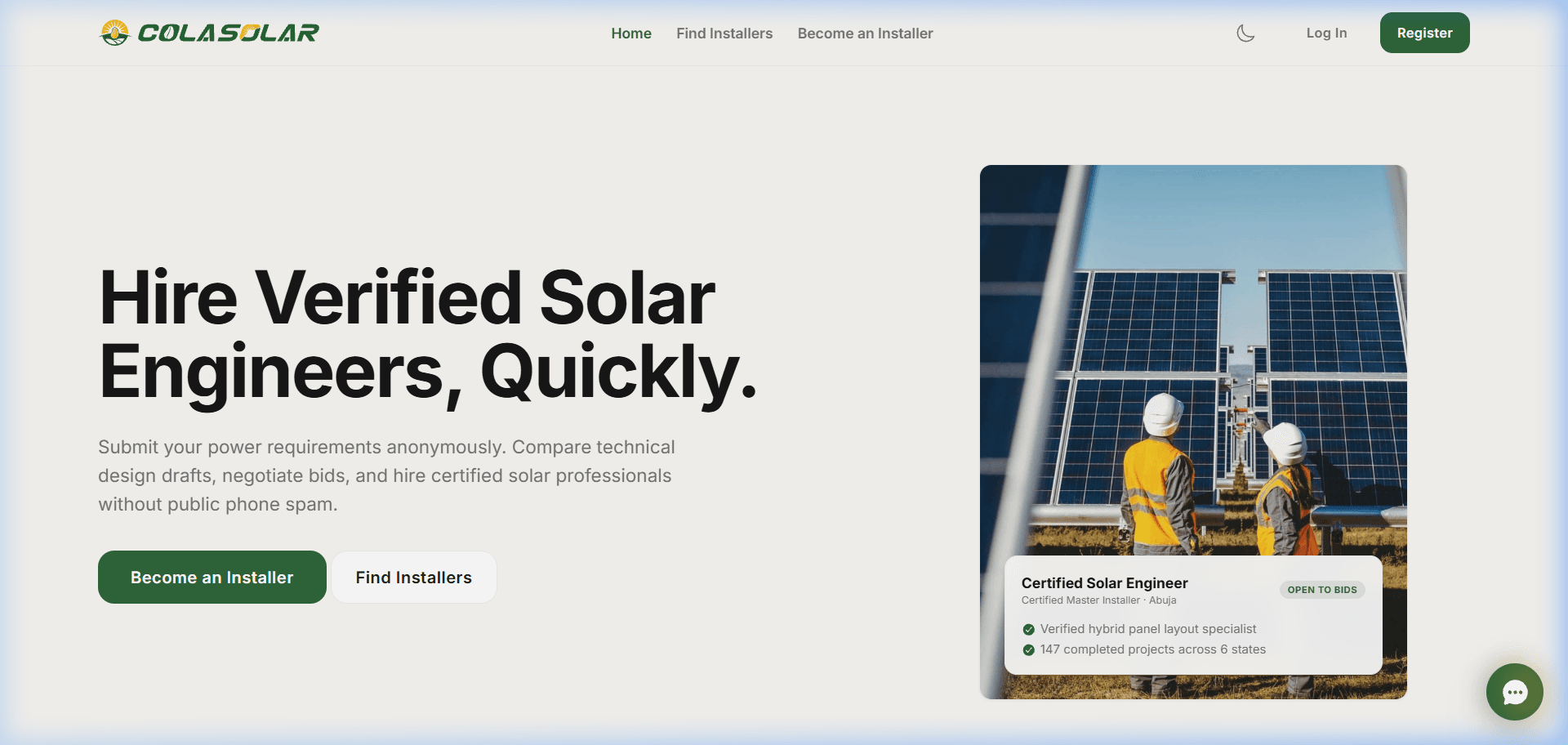 ColaSolar Platform Landing Page